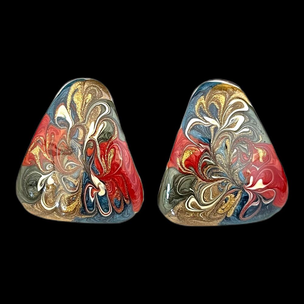 Vintage 1980s Clip On Earrings Shimmer Enamel Swirl Handpainted - 2X